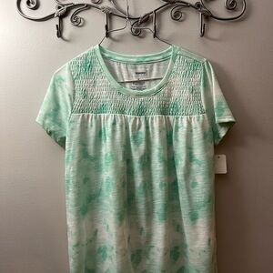 Sonoma Green and White Smocked Short Sleeve Tee size Small